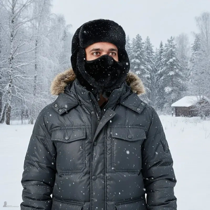 Homme portant la cagoule chapka noire avec masque facial sous la neige, dans une forêt enneigée - Espace Cagoules