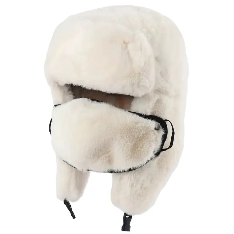 White synthetic fur chapka hood with integrated face cover, front view on a white background - Espace Cagoules.