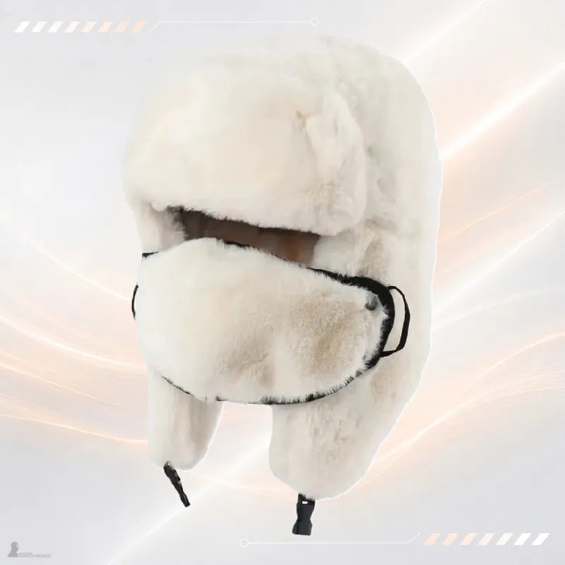 Cagoule chapka blanche en fourrure avec masque facial et cache-oreilles, vue de face - Espace Cagoules