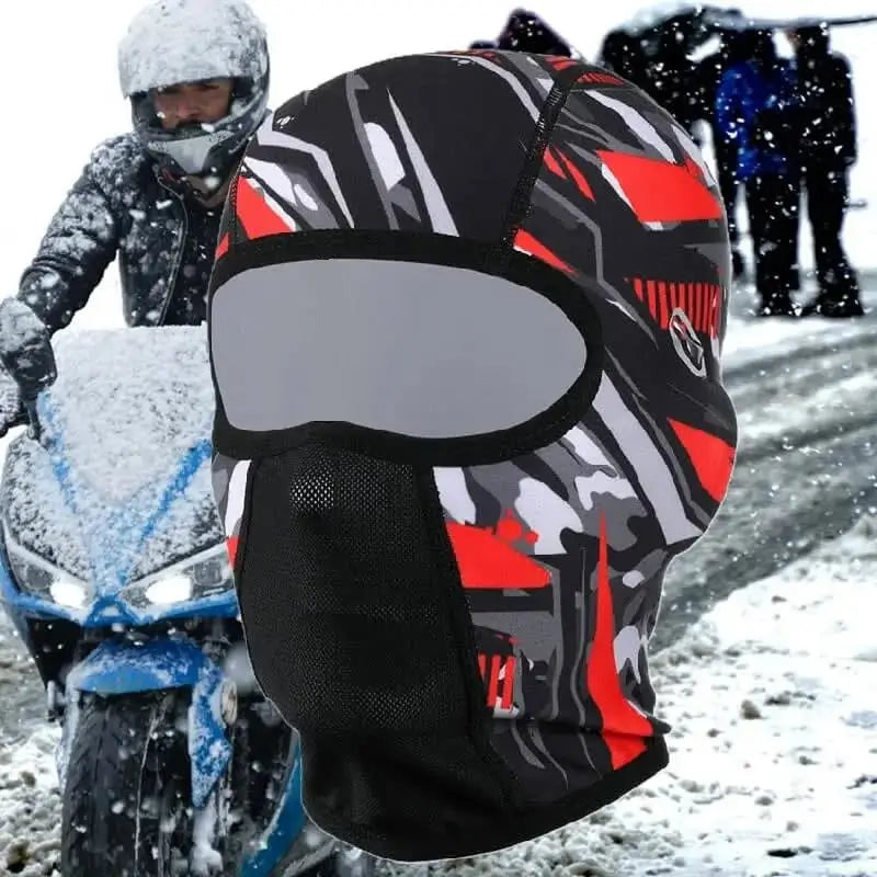 Red and black motorcycle warm balaclava with camouflage design, equipped with a breathable mesh nose zone, ideal for bikers in cold weather in a snowy environment."