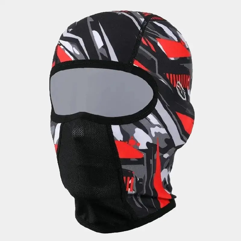 Red and black motorcycle warm balaclava with a camouflage design, with a facial opening and a breathable mesh nose zone, designed to provide warmth and comfort to motorcyclists in winter.