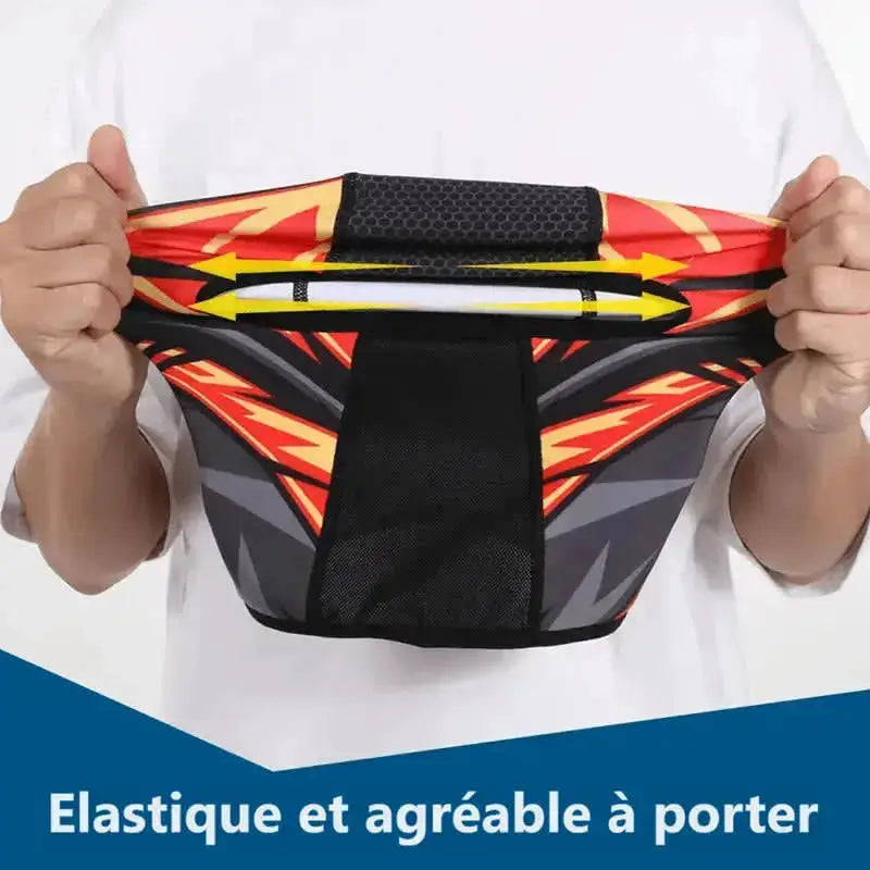 Red and black Moto warm balaclava with dynamic pattern, shown being stretched to demonstrate its elasticity and comfort, ideal for extended winter wear.