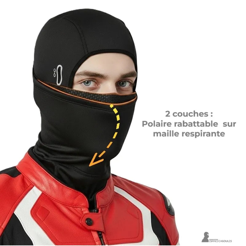 Warmes Motorrad-Haube mit erklärendem Schema der umklappbaren Polarschicht auf atmungsaktivem Mesh - Cagoules Raum