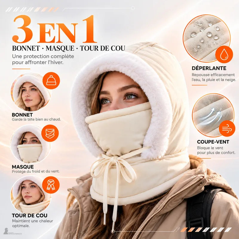 Cagoule chaude Skaïa 3 en 1 avec capuche, masque, tour de cou, matière déperlante et coupe-vent - Espace Cagoules