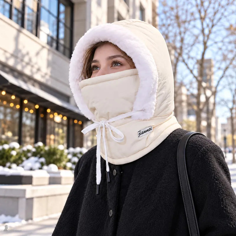 Femme portant la cagoule chaude Skaïa beige avec masque relevé dans une rue enneigée - Espace Cagoules