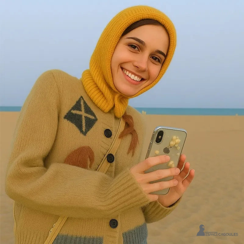 Cagoule Chaude pour Femme portée par une femme souriante sur une plage, avec un gilet assorti beige et l’arrière-plan bleu de la mer.