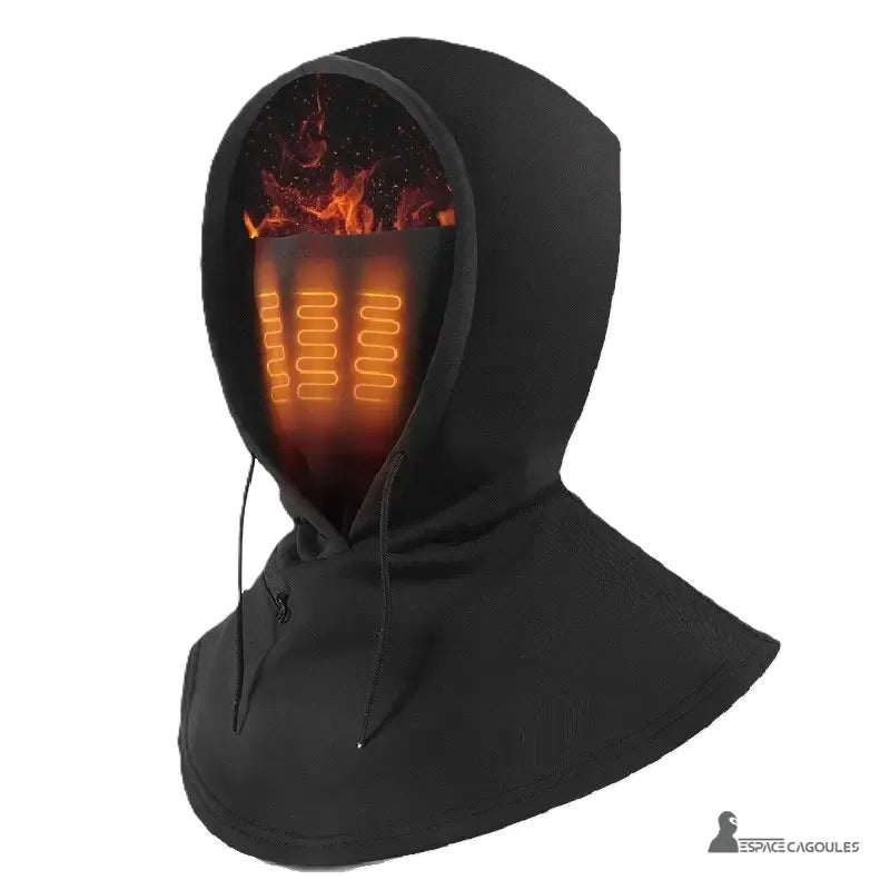 Heated Hood: Front shot of a black hood on a white background, showing the wave-shaped heating wires inside, which emit an orange glow.