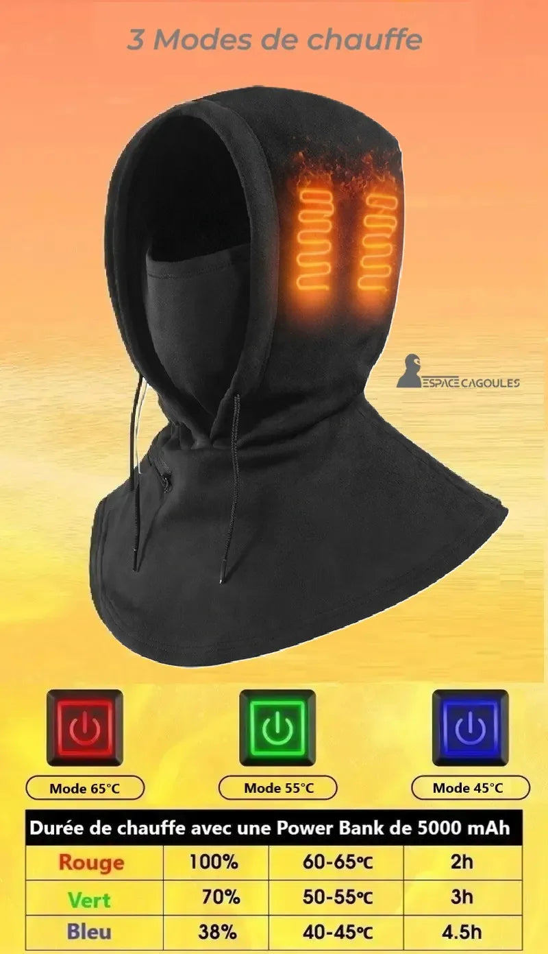 Cagoule chauffante noire avec illustration des trois modes de chauffe indiqués par boutons rouge vert et bleu avec températures correspondantes - Espace Cagoules