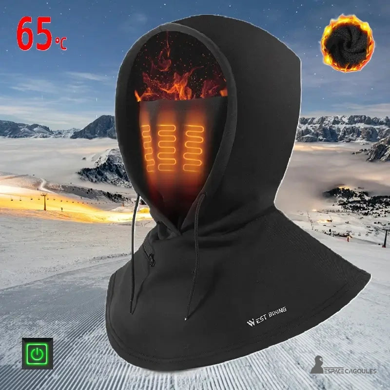 Heated Balaclava: Close-up view of a black balaclava on a snowy ski slope, showing the heating wires in red inside, with a temperature indication of 65°C.