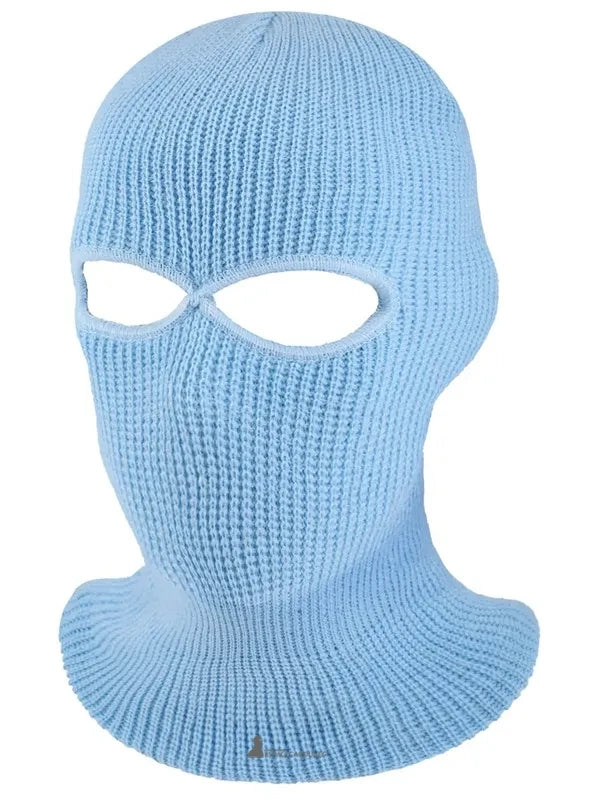 Himmelblaue Eulen-Sturmhaube aus Strick mit zwei Augenöffnungen, neutraler Hintergrund