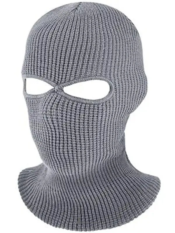 Eulen-Sturmhaube aus grauem Strick mit zwei Augenöffnungen, Ansicht vor neutralem Hintergrund