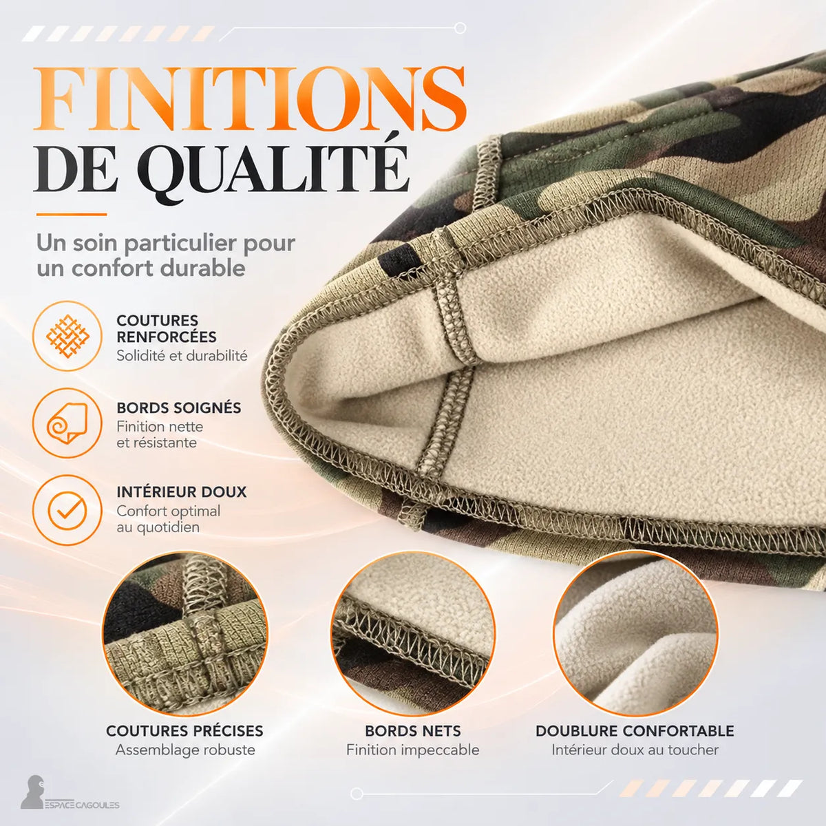 Cagoule de Chasse Polaire avec finitions intérieures soignées, polaire douce et coutures nettes, vue rapprochée sur la qualité textile – Espace Cagoules