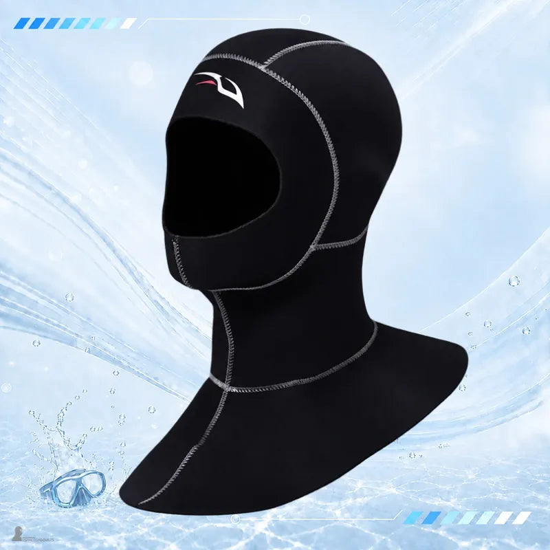 Profil de la cagoule plongée femme néoprène montrant la bavette longue couvrant nuque et haut du buste - Espace Cagoules