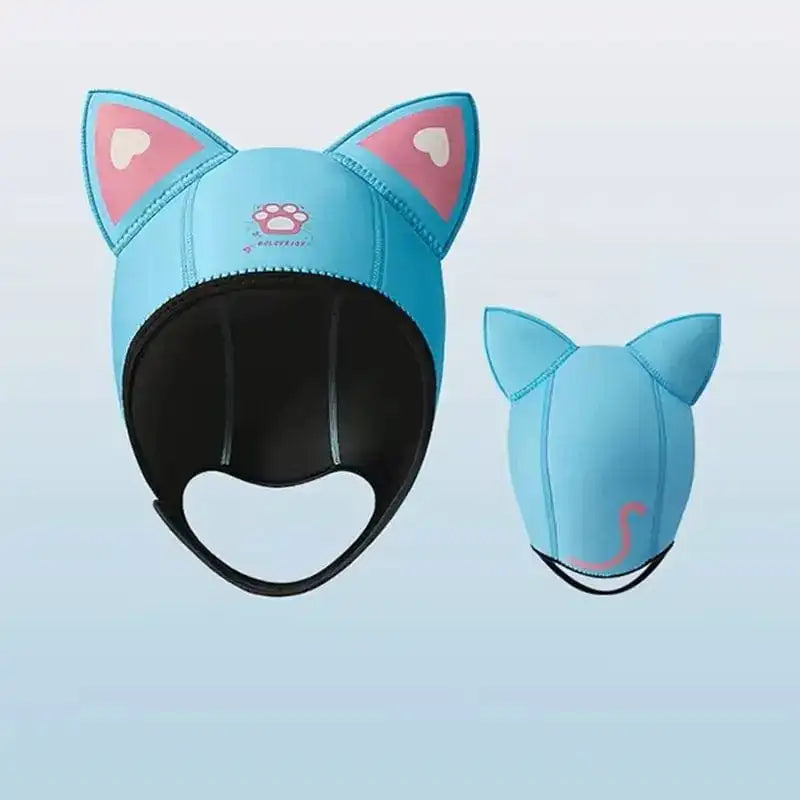 Humorous blue diving balaclava with cat ears and facial opening. Fun and practical design, designed to be worn under a diving mask.