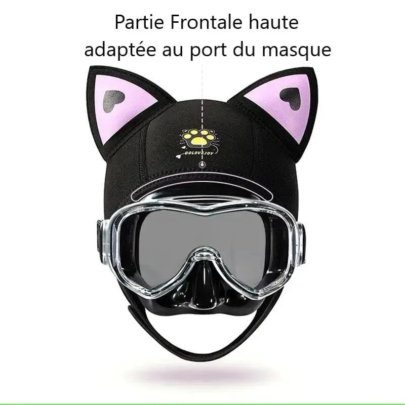 Humorous black diving balaclava with cat ears and logo on the forehead. Playful design for diving enthusiasts who want to add a fun touch to their equipment.