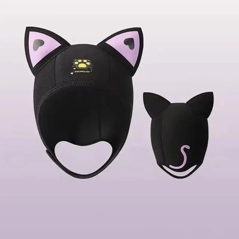 Humorous black diving balaclava with cat ears and logo on the forehead. Playful design for diving enthusiasts who want to add a fun touch to their equipment.