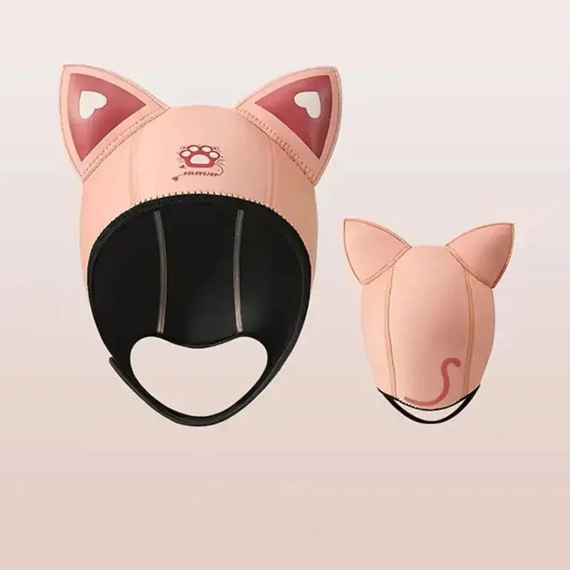 Pink humorous diving balaclava with cat ears, designed for diving and freediving. Original design with face opening and ergonomic cut for a perfect fit under a diving mask.