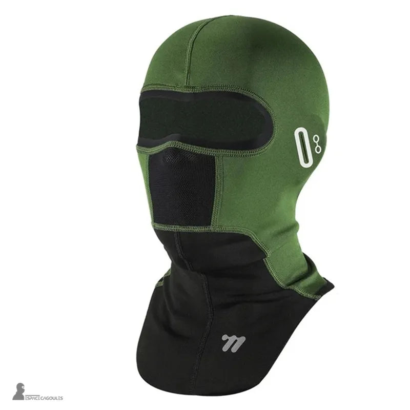 Ski mask with bib in two-tone technical material, green and black, full shape with extended bib, side view on a white background - Cagoules Space