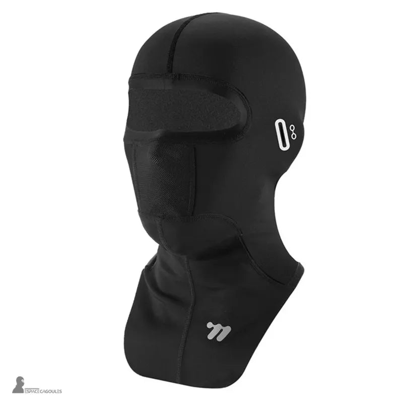 Black breathable thermal fabric ski mask with bib, full shape with ventilated mouth area, side view on white background - Space Masks