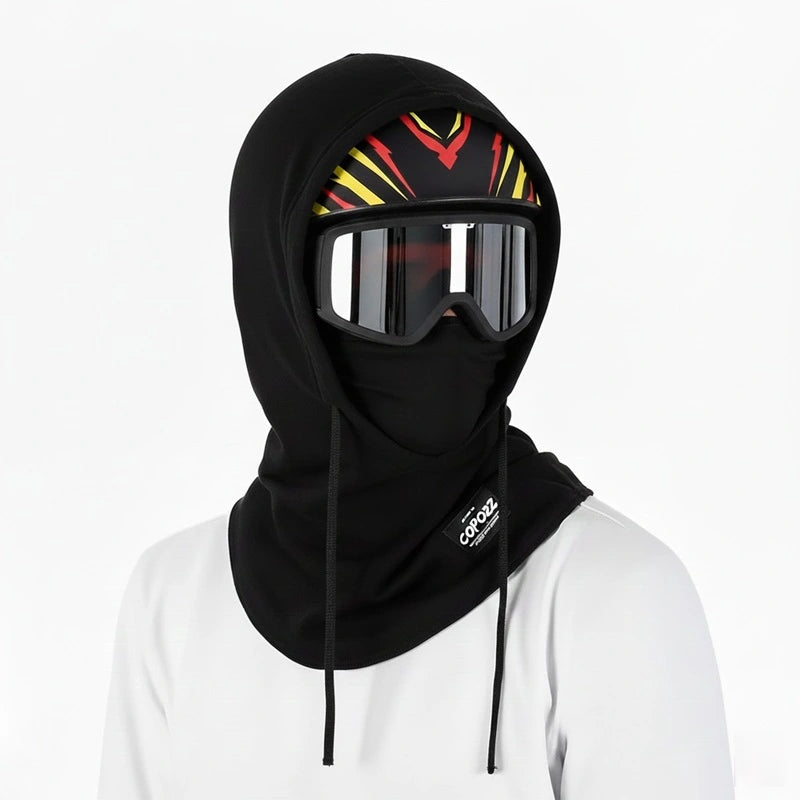 Adult Ski Balaclava on Helmet made of stretchy technical fabric, full coverage balaclava compatible with helmet and ski mask, front view worn on mannequin.
