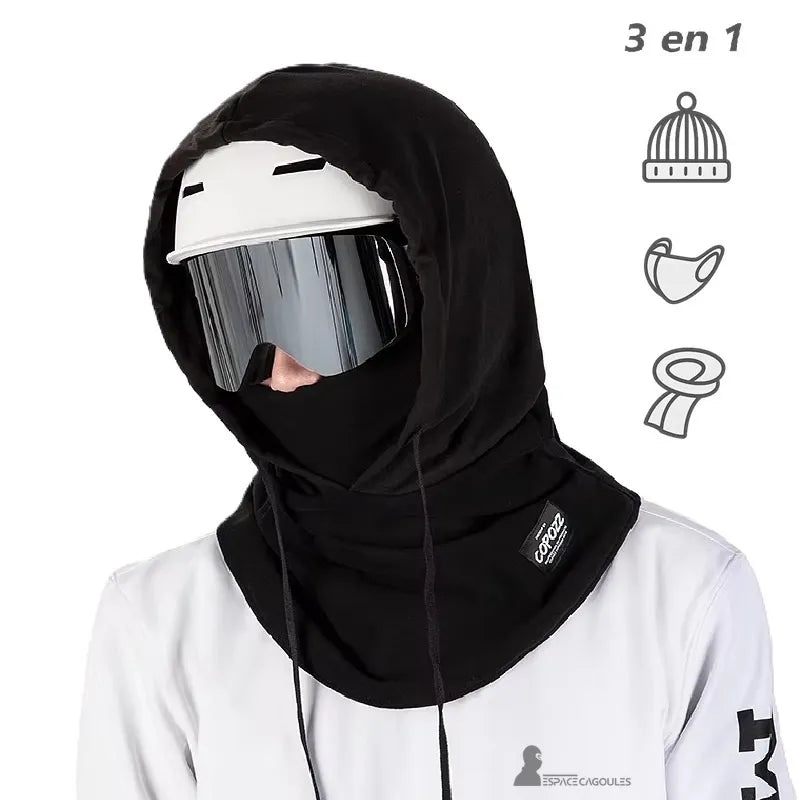 Adult Ski Hood on Helmet worn with goggle and white helmet, demonstrating its 3 in 1 function beanie, scarf and goggle, ideal for snowboarding and skiing.
