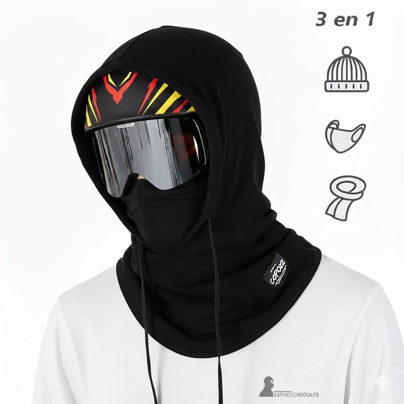 Adult Ski Balaclava on Technical Fabric Black Helmet, full 3-in-1 balaclava shape with hood and neck gaiter, three-quarter view on a white background.