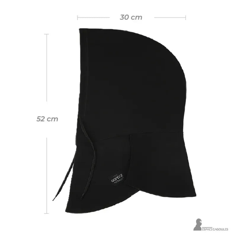 Adult Ski Hood on Black Helmet, dimensional diagram of 52 cm by 30 cm indicating full coverage of the neck and head.
