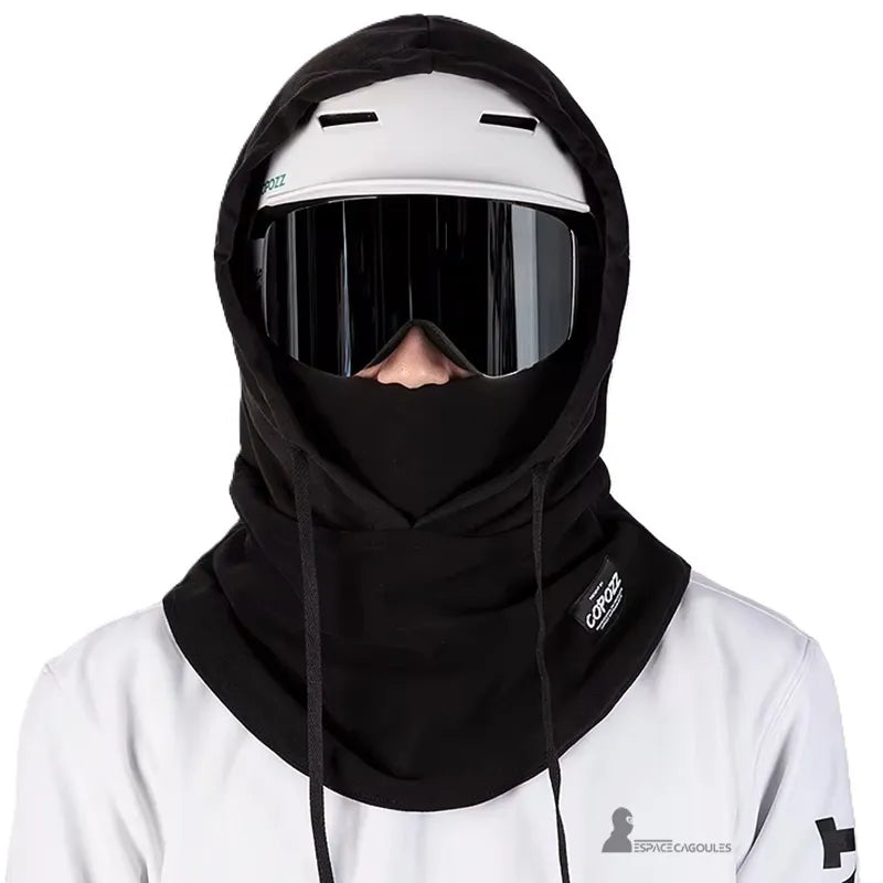 Adult Ski Hood over Helmet worn in front with mirror mask and white helmet, demonstrating perfect compatibility with ski equipment.