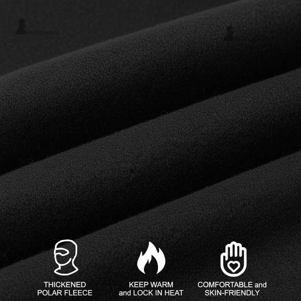 Adult Ski Hood over Helmet in thick black fleece, enlarged texture showing the soft, warm and breathable material for winter.