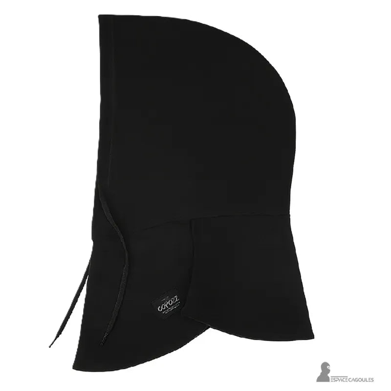 Adult Ski Hood over Black Fleece Helmet, Side View on White Background, Featuring Elongated Cut for Full Neck and Head Protection.