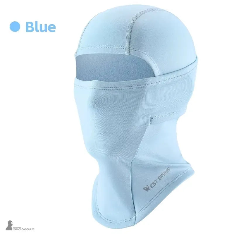Cagoule de ski enfant SnowKid bleue présentée sur mannequin sans visage vue de profil avec ouverture pour les yeux et protection couvrant la tête et le cou – Espace Cagoules