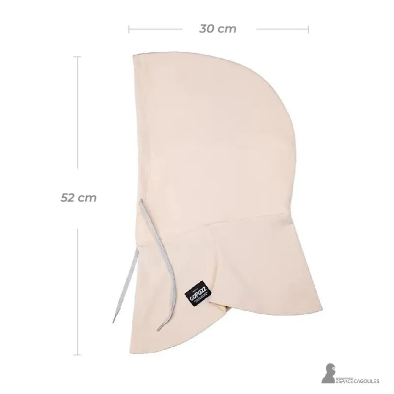 Cagoule de Ski sur Casque beige avec dimensions affichées 52 cm par 30 cm, capuche en polaire à cordons ajustables