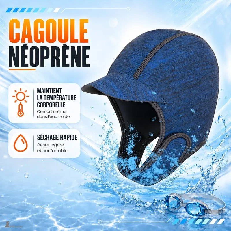 Cagoule néoprène de surf CapSurf illustrant le maintien de la température corporelle et le séchage rapide - Espace Cagoules