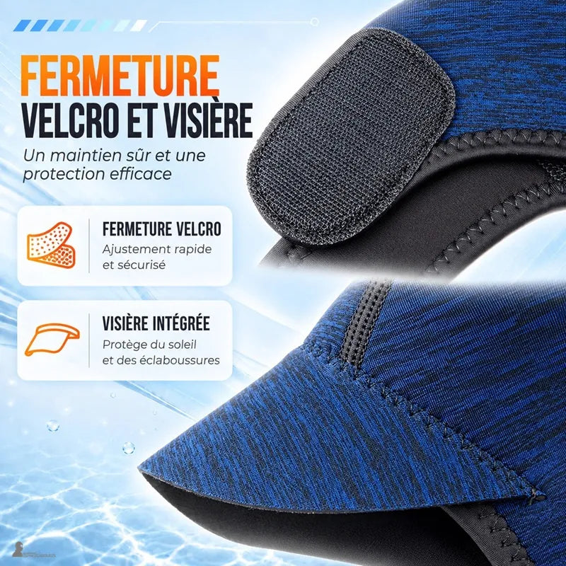 Détail de la fermeture velcro et de la visière intégrée de la cagoule de surf CapSurf - Espace Cagoules