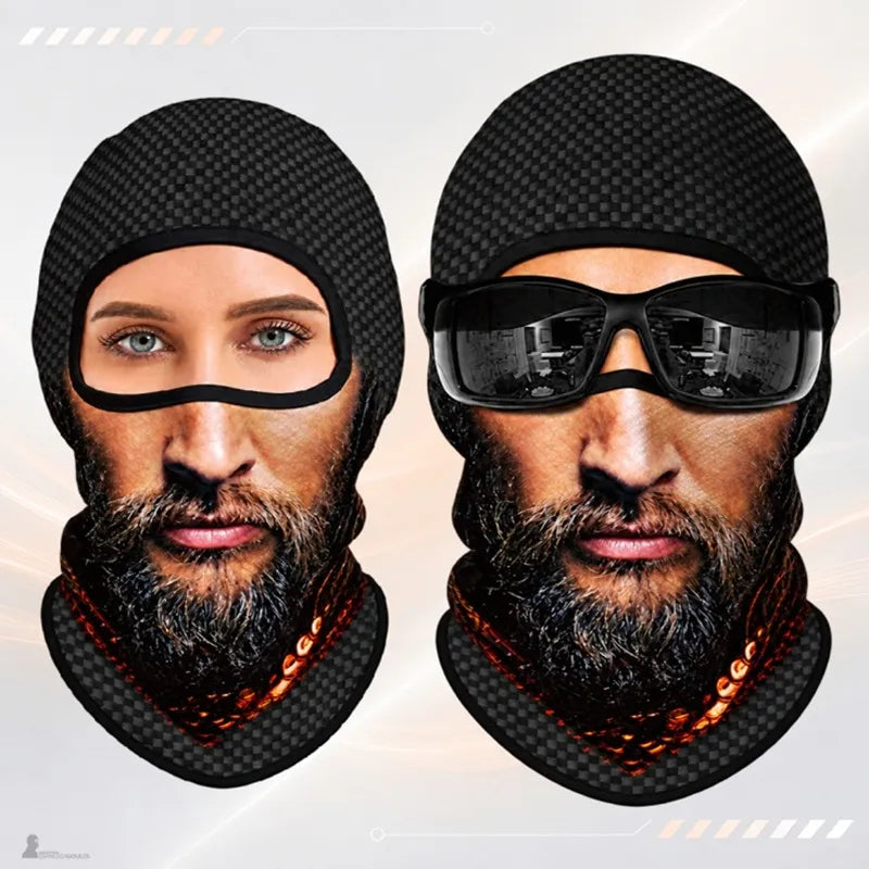 Cagoule drôle Comik imprimée d'un visage d'homme barbu réaliste avec chaîne dorée, fond damier - Espace Cagoules