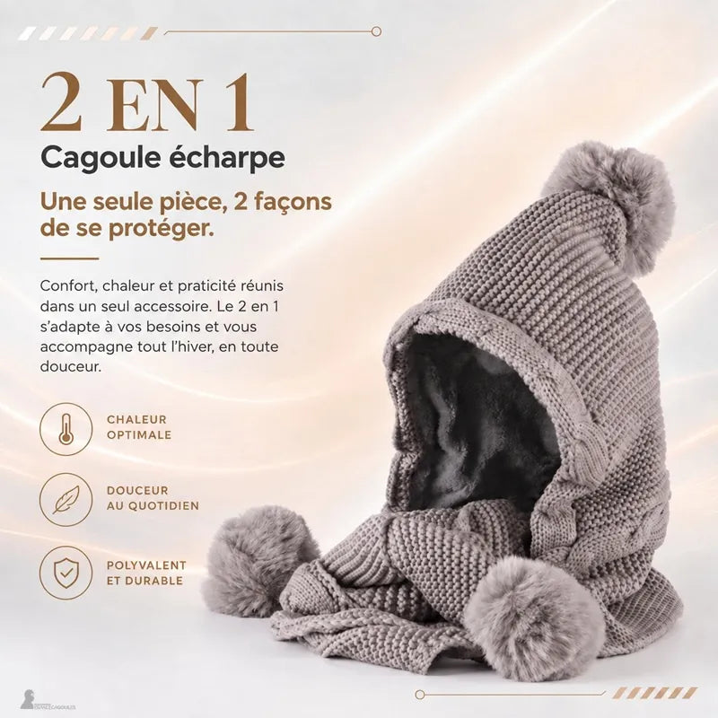 Cagoule écharpe taupe en tricot à pompons présentée à plat, illustrant le format 2 en 1 capuche et écharpe - Espace Cagoules