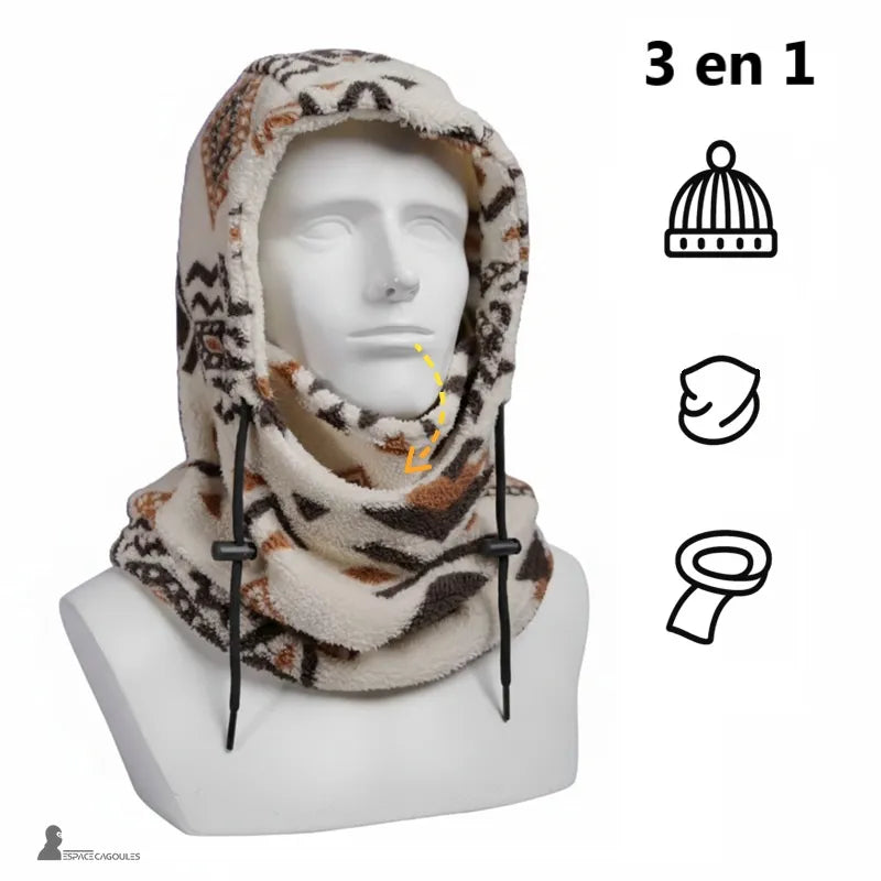 Fleece balaclava Polarhead, convertible into a beanie, neck gaiter, or full balaclava, worn on a mannequin viewed from the front in a studio – Cagoules Space.