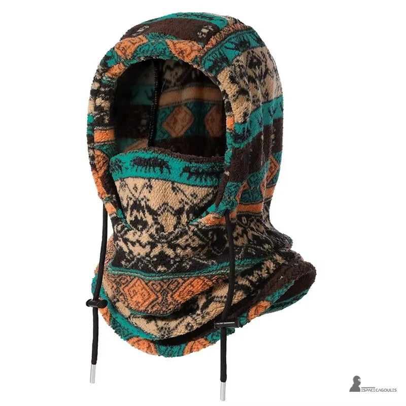 Cagoule en polaire PolarHead coloris turquoise et orange vue de trois quarts, masque relevé et cordon de serrage - Espace Cagoules