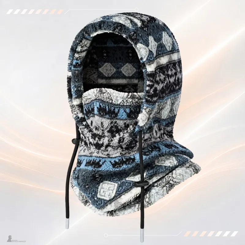 Cagoule en polaire PolarHead coloris bleu, gris et blanc à motifs géométriques, masque relevé - Espace Cagoules