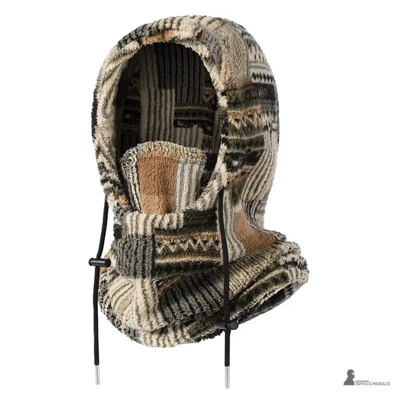 Fleece balaclava Polarhead in warm beige and brown patterned fleece, front view on a white background – Cagoules Space