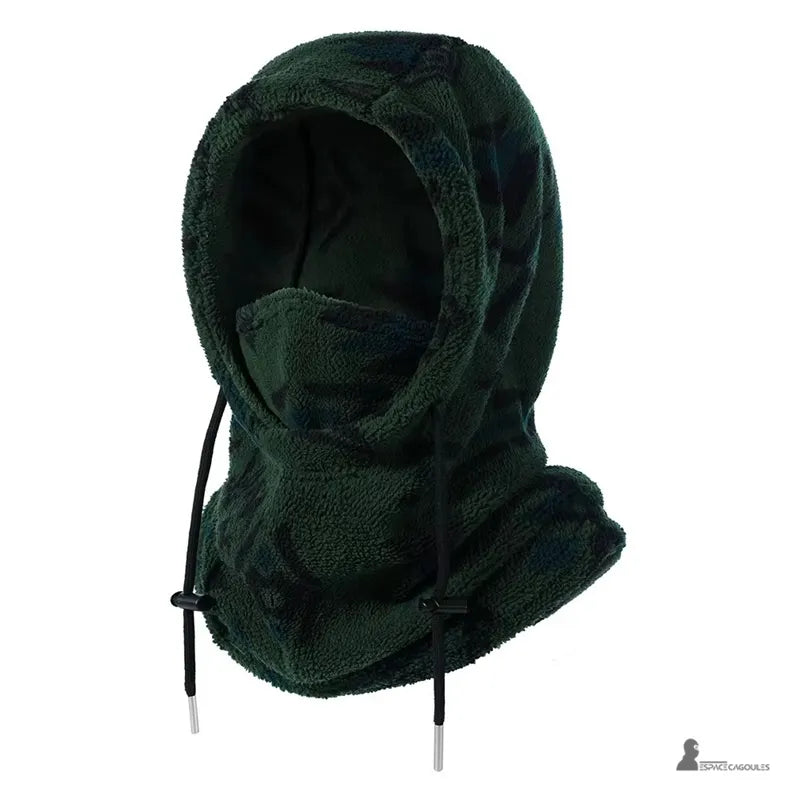 Fleece balaclava in dark green solid color, side view with integrated hood and neck gaiter – Space Balaclavas.