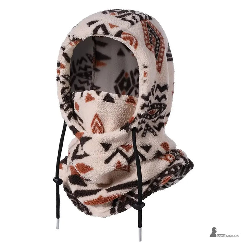 Cagoule en polaire PolarHead coloris écru à motifs géométriques rouille et marron, vue de trois quarts - Espace Cagoules