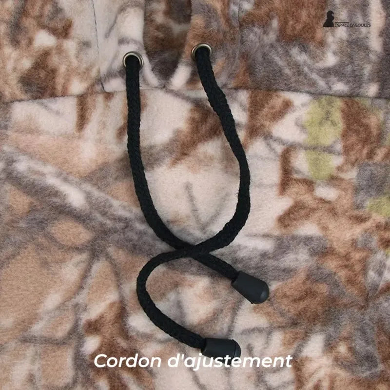 Polarhead fleece balaclava close-up drawstring fit black on camouflage fabric