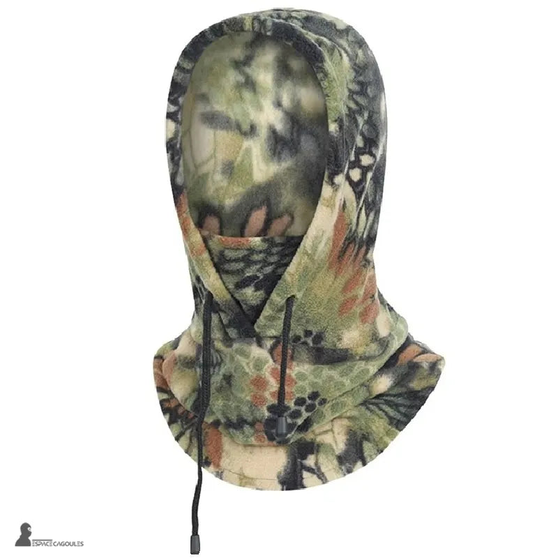Green and orange camouflage polarhead fleece balaclava with black drawstrings