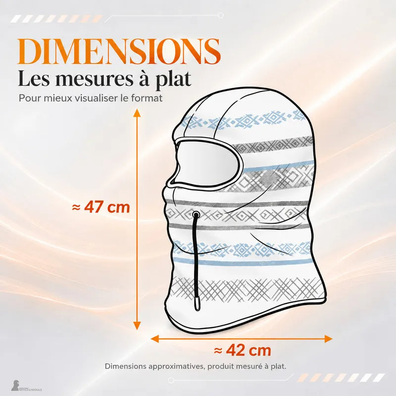 Schéma des dimensions à plat de PolarHead : environ 47 cm de hauteur et 42 cm de largeur - Espace Cagoules