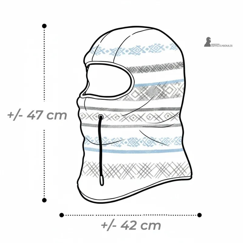 Fleece balaclava Polarhead with a diagram of dimensions, height and width measured on the balaclava worn in profile view – Balaclava Space.