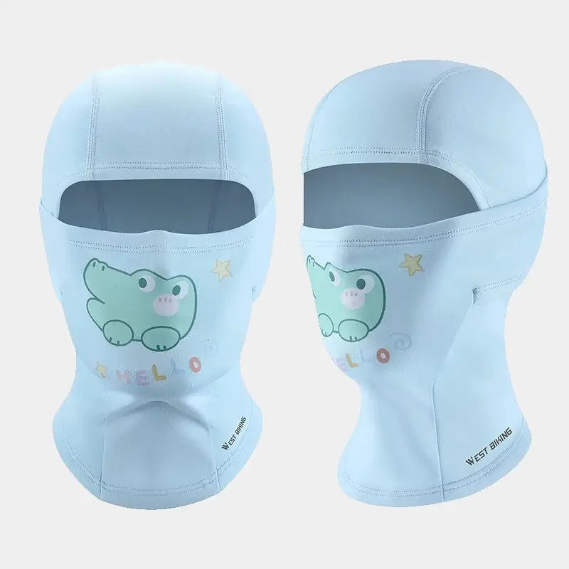 BlÄ och rosa 3-Äriga barnbalaclavas, med söta djurmotiv som en krokodil, perfekt för utomhusaktiviteter pÄ vintern.