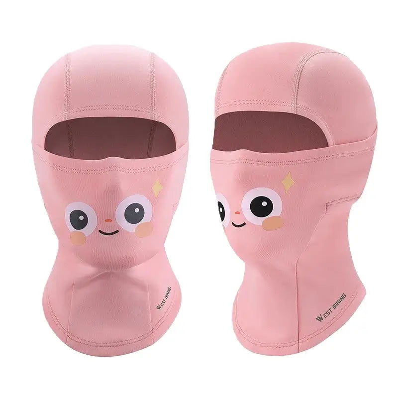 TvÄ rosa 3-Äriga balaclavas, med roliga leende ansikten, designade för att hÄlla barnen varma samtidigt som de Àr lekfulla och bekvÀma.