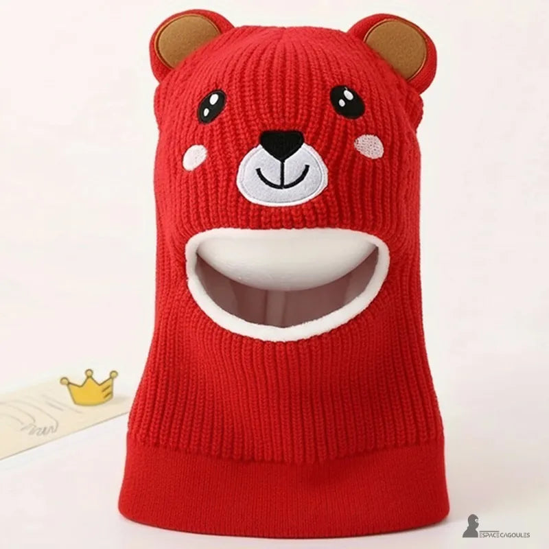 Passamontagna per bambini da 5 anni, passamontagna con orso rosso a maglia presentata su manichino con apertura ampia e fodera calda per la protezione invernale – Espace Cagoules