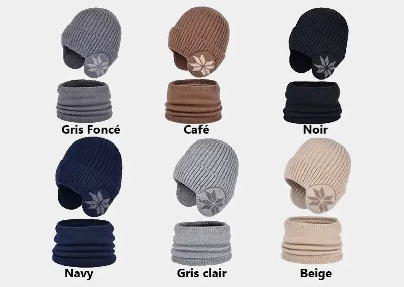 Collection de cagoules enfant cache-oreilles, prĂ©sentĂ©es en diffĂ©rentes couleurs : gris foncĂ©, cafĂ©, noir, marine, gris clair, et beige. Chaque cagoule en tricot est assortie dâun cache-cou pour une protection complĂšte en hiver.